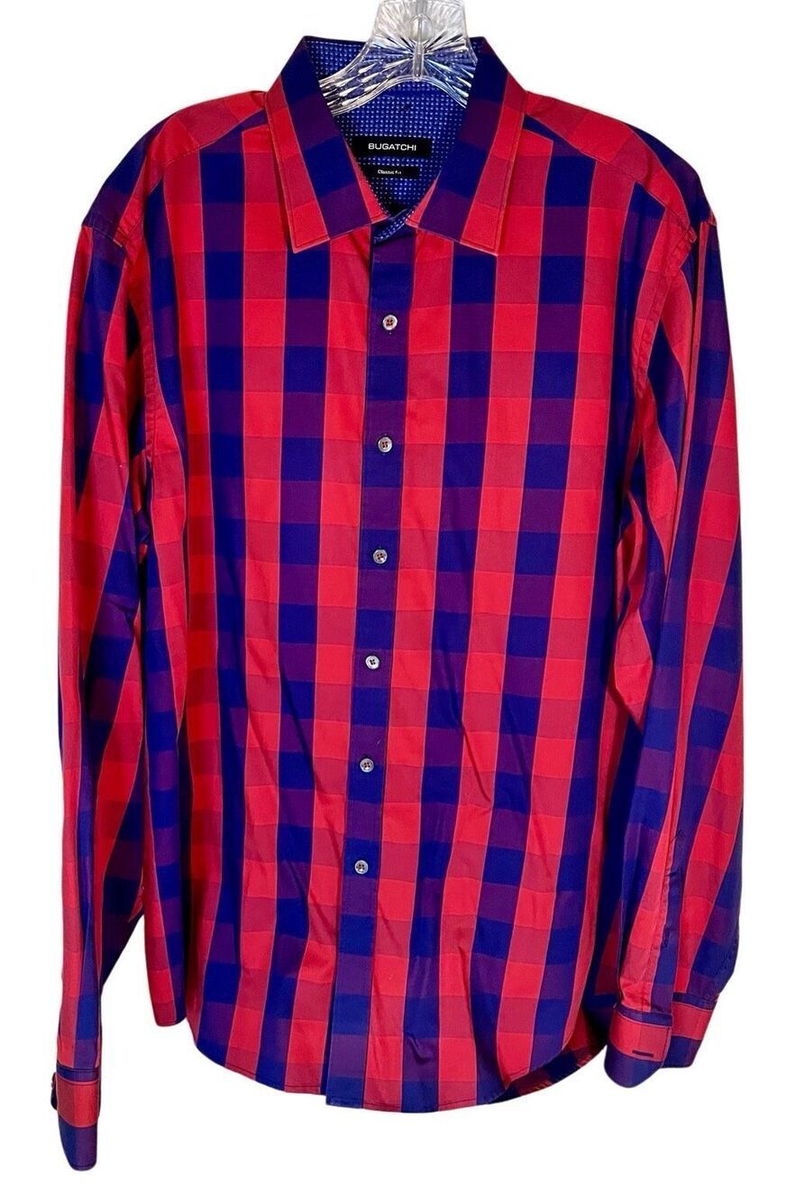 Bugatchi Dress Shirt Flip Cuff Plaid Red Blue Classic Button Up Mens Sz Large
